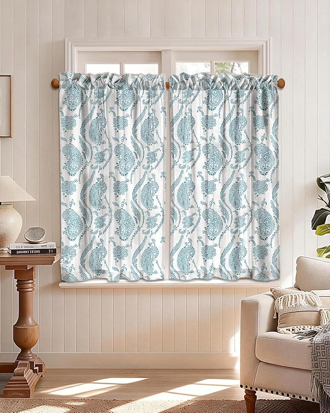 Miss Adola Farmhouse Kitchen Tier Curtains - 45 Inch Length Linen Blend Floral Cafe Curtains Blue Small Window Treatments Over Sink Rod Pocket for Bathroom Living Room Light Filtering, 2 Panels