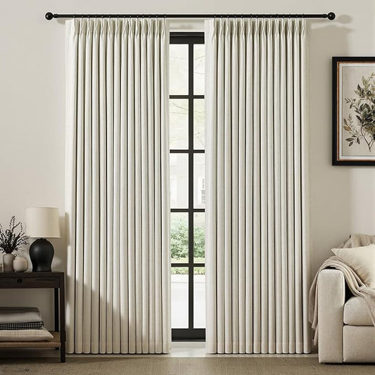 IVAPUPU Natural Pinch Pleated 100% Blackout Linen Curtains 90 Inch Length for Bedroom, Black Out Pinch Pleat Curtains for Living Dining Room Darkening Thermal Insulated Drapes with 16 Hooks, 2 Panels