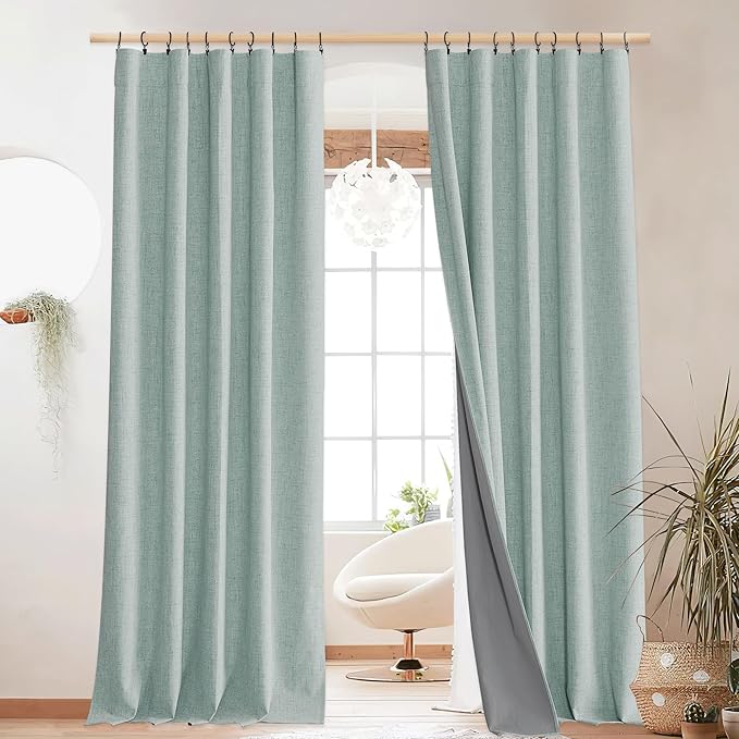 NICETOWN Full Blackout Linen Curtains 108" Length with Thermal Insulated Liners for Living Room, Farmhouse Style Keep Cool & Warm Large Window Drapes for Hall (Seafoam Green, 2 Panels, 52" Wide)