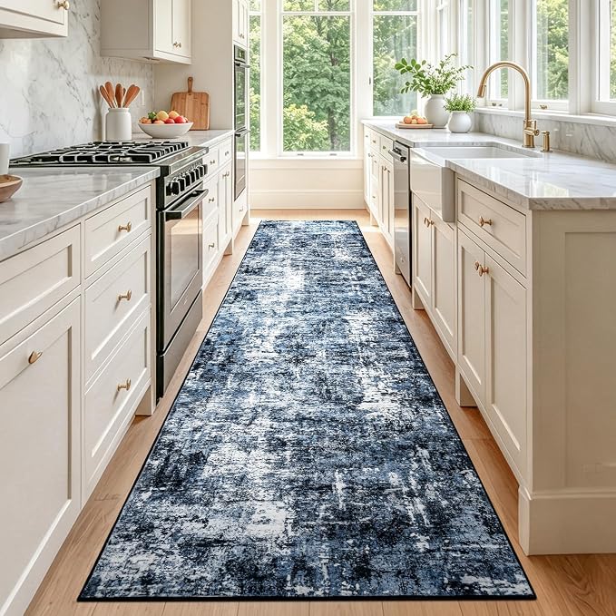 Rugflix 3x20 Runner Rug for Hallway, Washable Navy Blue Long Runners | Machine Washable; Stain-resistant; Low Pile; Non-slip; Modern Abstract; Black Carpet for Entrance Kitchen Hallway Home