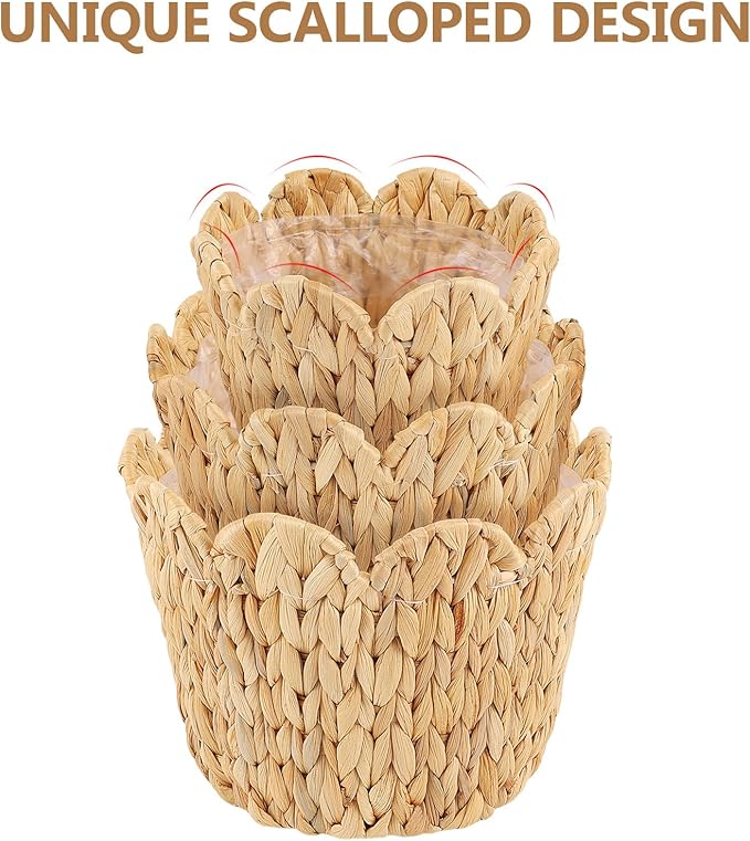 3 Pack Wicker Scalloped Plant Basket, Plant Baskets with Plastic Liner for Indoor, Hand Woven Water Hyacinth Flower Pots Cover Rattan Planter Basket for Home Farmhouse Decor, 10.2"+8.7"+6.7"
