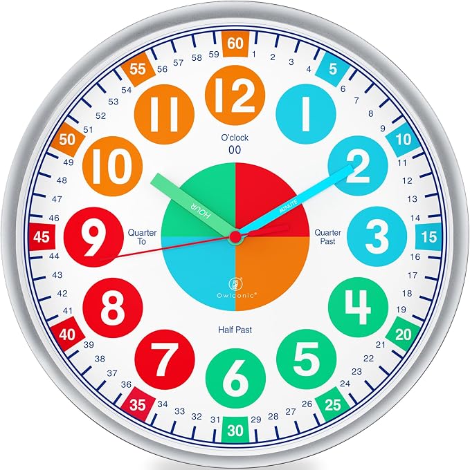 OWLCONIC Clock for Kids – Educational Analog Learning Wall Clock, Non Ticking Teaching Clock for Classroom & Homeschool, Silent Kids Bedroom Décor Bright