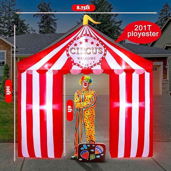 Preboun 10ft/3.05m Circus Carnival Party Decoration Large Circus Inflatables Tent Blow up Archway Built in LED Lights for Carnival Birthday Party Summer Holiday Yard Garden Outdoor Decor