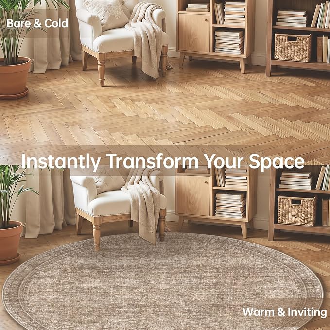 Sasttie Round Rugs 8ft, Ultra-Soft Washable Circle Rug, Low Pile Foldable Thin rugs with Non-Slip Backing, Skin-Friendly Stain Resistant Carpet for Living Room, Bedroom, Kitchen, Dorm, 8ft, Dark Brown