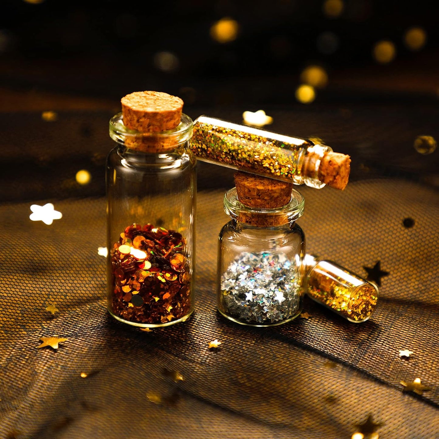 Geiserailie 45 Pcs Mini Glass Bottles with Cork Stoppers Spell Jar Clear Wishing Jars with 50 Eye Screws 3 Funnels for Wedding Party Favors DIY Art Crafts Decoration, 5 Sizes