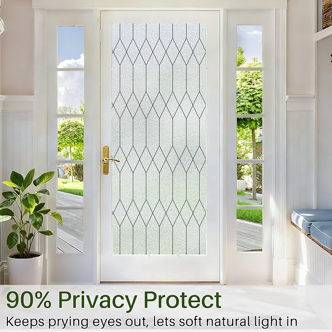 Windimiley Window Privacy Film Stained Glass Static Clings, Bathroom Frosted Leaded Decorative Window Stickers, UV Heat Blocking Opaque Removable for Home Door Coverings (23.6 x 78.6in,Pure)