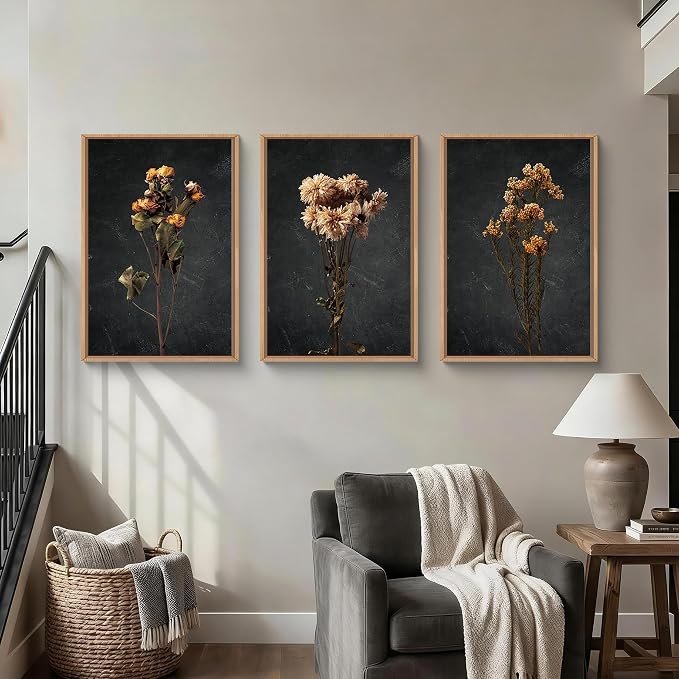 HOURIA Dark Moody Dried Floral Framed Canvas Wall Art Set,Vintage Mid Century Black Flower Wall Decor,Retro Boho Minimalist Wildflower Botanical Artwork for Living Room,Bedroom,Farmhouse- 16"x24"x3