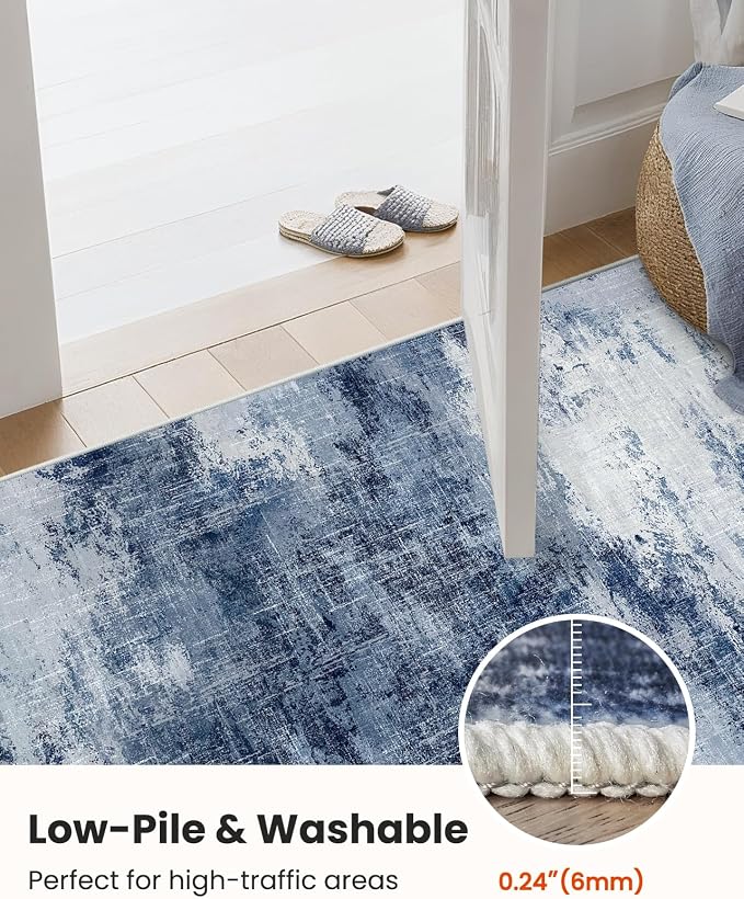 Runner Rugs for Hallway 2x6, Modern Abstract Machine Washable Runners for Kitchen Entryway Bathroom Bedroom, Low Pile Lightweight Thin Non Slip Runner Rug, Dark Blue
