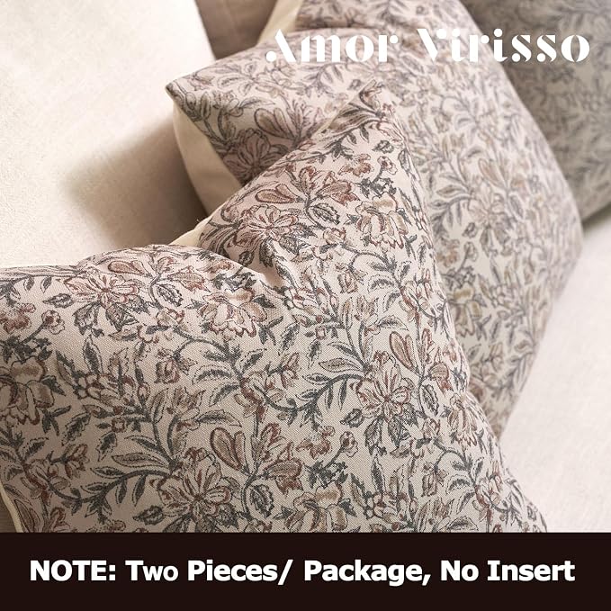 Amor Virisso Floral Throw Pillow Covers 20x20 Set of 2 Vintage Block Print Pillow Covers Decorative Pillow Covers Couch Pillows for Living Room Farmhouse Accent Sofa Pillows, Green/Sand
