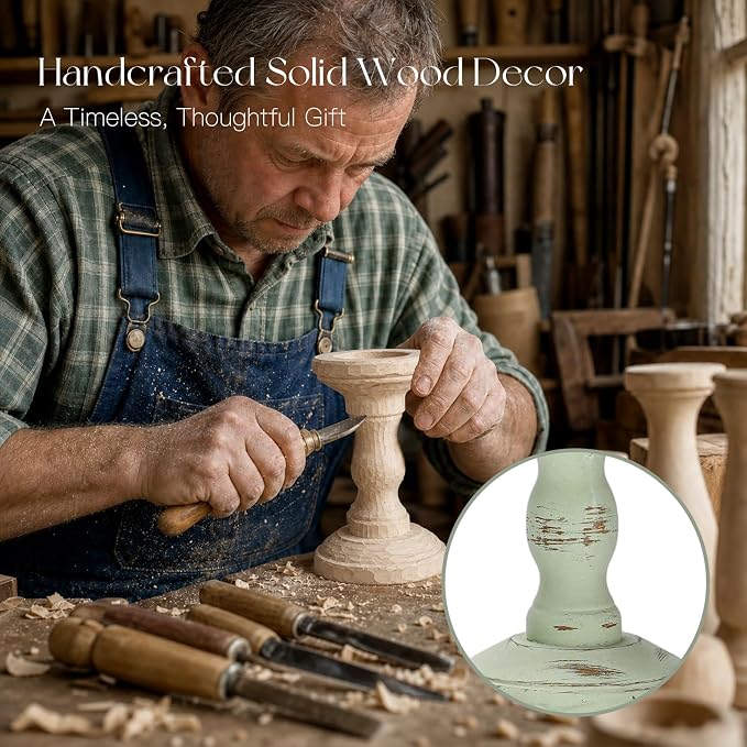 Candeldo Wooden Candle Holders Pillar: Sage Green Candlestick Holders Table Centerpiece Vintage Rustic Farmhouse Shabby Chic Decor for Fireplace Mantle