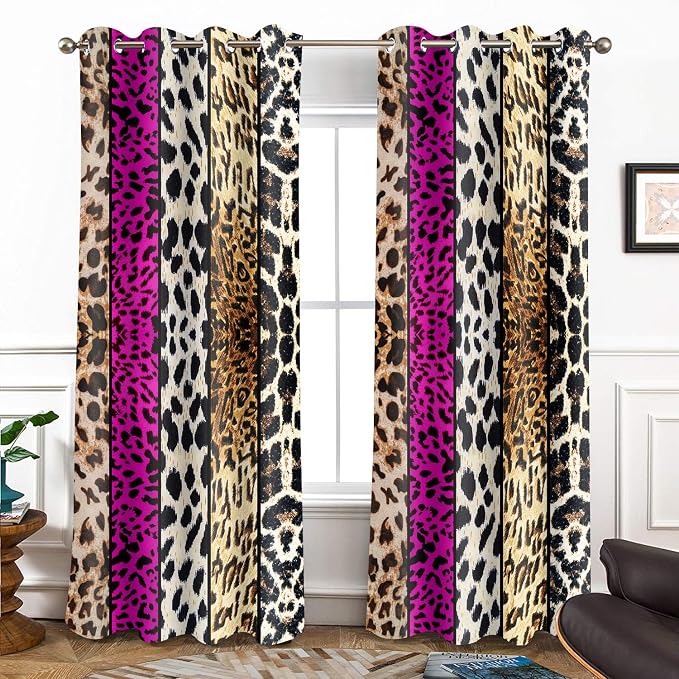 Wild Animal Print Curtain, Room Darkening Thermal Insulated Blackout Leopard Boa Window Drapes with Grommets for Living, Dining, Bedroom, Hot Pink Leopard Print, 52"x 84", 2 Panels