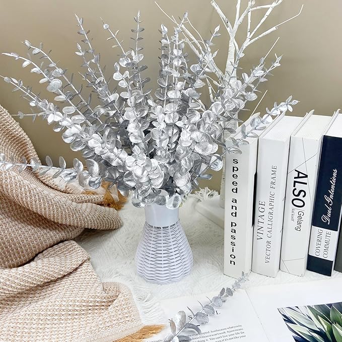 FEQO 36 Pcs Silver Eucalyptus Stems Artificial Leaves Faux Eucalyptus Stems Branches 15 inch for Wedding Bouquet Home Decor