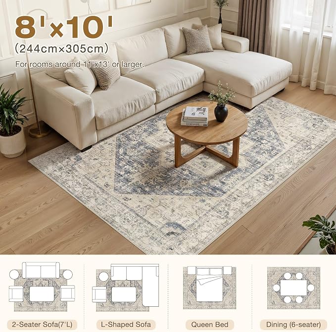 8x10 Area Rugs for Living Room - Large Carpet Ultra Thin Soft Washable Oriental Vintage Floral Distressed Big Indoor Carpets for Bedroom Nursery Dorm Home Decor Aesthetic - Blue Beige