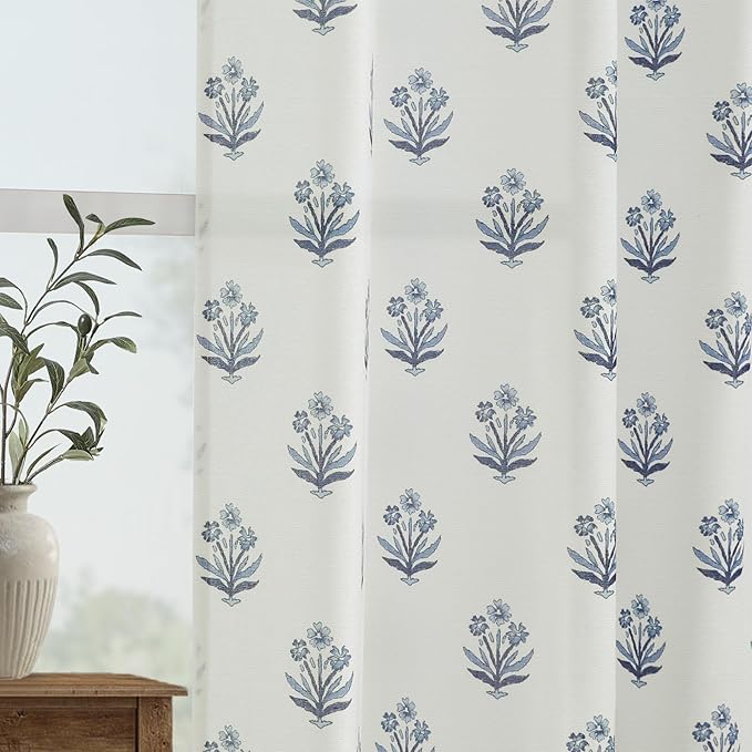 Coastal Blue Floral Curtains for Living Room, 63 Inch Length Designer Duped Navy Blue Pattern Sheer Drapes for Living Room Bedroom 2 Panels Set