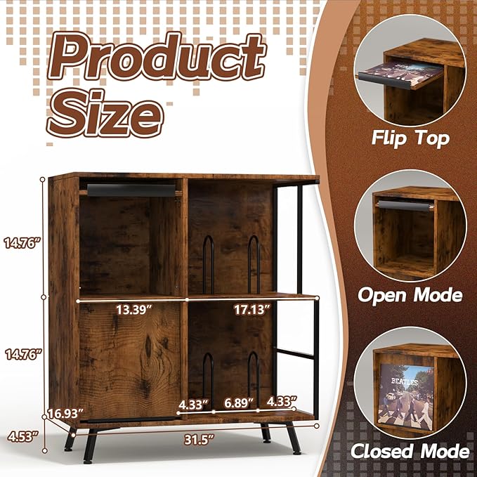 Faesun 3 Tier Flip Top Record Player Stand, Vinyl Record Storage Holds up to 300+ Albums, Large Record Player Cabinet, Vintage Turntable Stand with Vinyl Display, for Living Room Bedroom, Rustic Brown