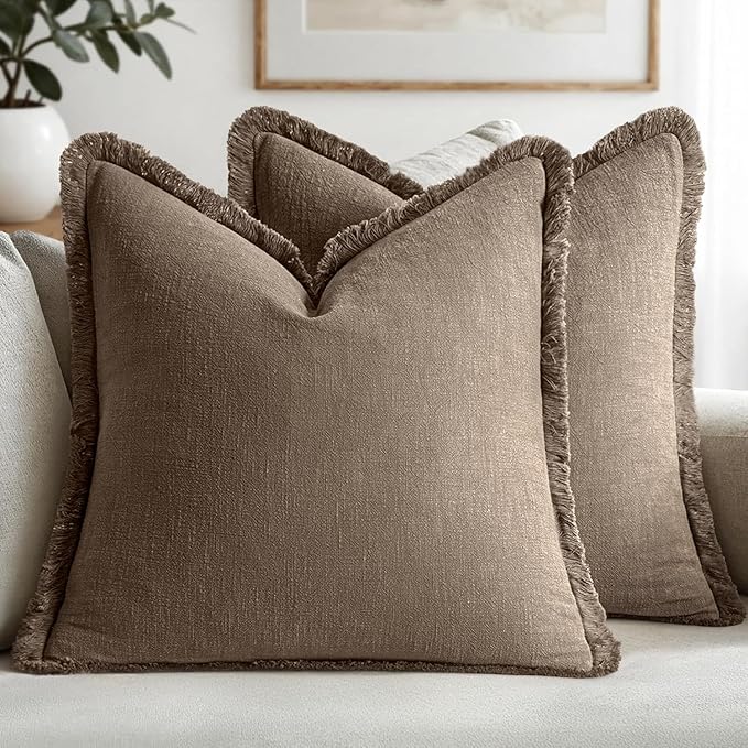 MIULEE Decorative Throw Pillow Covers Neutral Linen Fringe Throw Pillows Euro Shams Set of 2 Cocoa Brown Boho Farmhouse Cushion Covers for Couch Sofa Bed Living Room Fall Home Decor 28x28 Inch