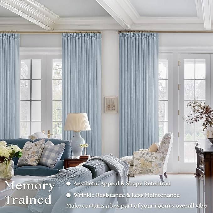 Light Blue Linen Curtains 102 Inches Long for Living Room Pinch Pleated Drape with Hooks Rings for Track System Light Filtering 102 Inch Curtain for Bedroom Sliding Patio Door 2 Panels Dusty Blue