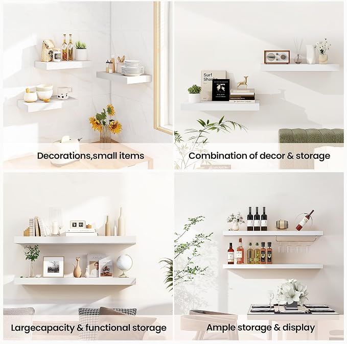 Vivelove White Floating Shelves 40 Inches Long, Wall Display Shelves with Invisible Brackets, for Bathroom Living Room Kitchen Bedroom Office Farmhouse Home Decor, 40x9.3X 1.5 - Set of 2, White