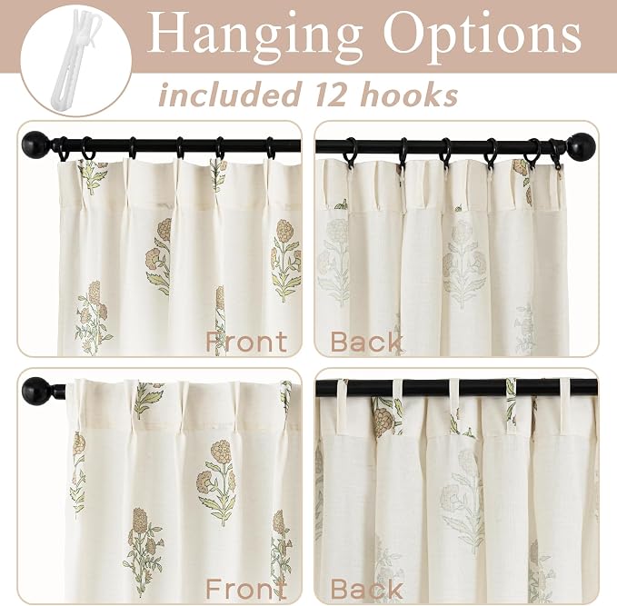 French Country Floral Linen Curtains for Living Room Dining Room, 84 Inch Neutral Farmhouse Pinch Pleated Drapes, Light Filtering Sheer Block Print Vintage Botanical Patterned Curtain for Bedroom