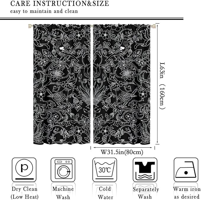 Bohemia William Morris Art Blackout Window Curtains, Vintage Flowers and Birds Dark Magic Forest Background, for Living Room Bedroom 31.5(W)*63(L) 2 Panels