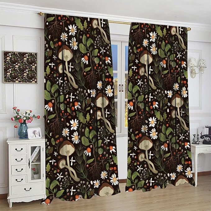 Mushroom Curtains,Green Plant Forest Botanical Print Window Treatments for Bedroom Living Room Kitchen Cartoon Herbs Floral Window Drapes 2 Panels Set,Total Size 63 x 63 Inch