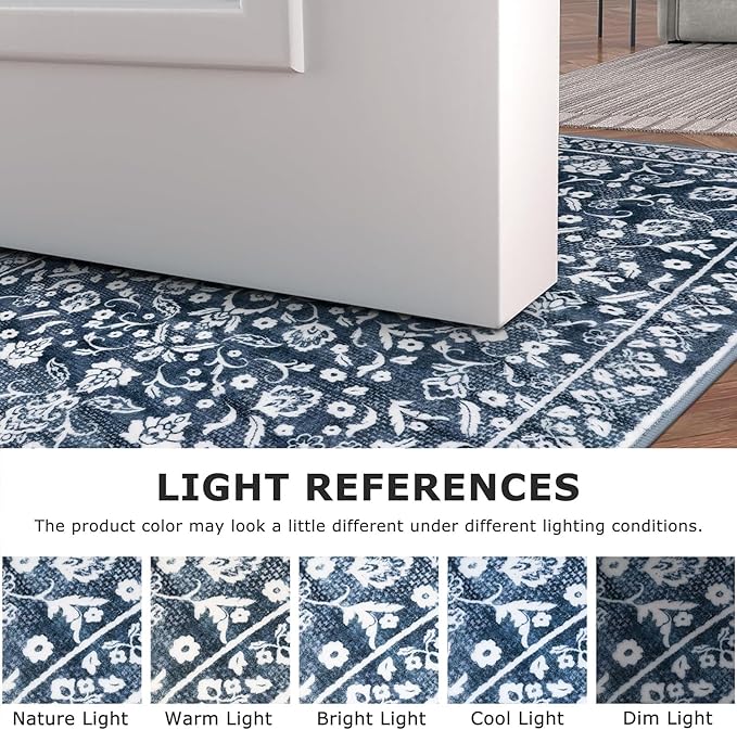 Vintage Entryway Rug Indoor, Navy Washable Rug 2x3, Small Area Rug with Non-Slip Backing, Floral Print, Thin Faux Wool Super Soft Door Mat for Kitchen, Entrance, Bedroom, Office