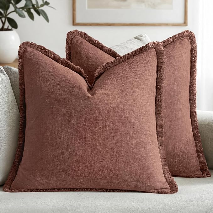 MIULEE Decorative Throw Pillow Covers Neutral Linen Fringe Throw Pillows Set of 2 Autumn Glaze Boho Farmhouse Cushion Covers with Tassels for Couch Sofa Bed Living Room Fall Decor 18x18 Inch