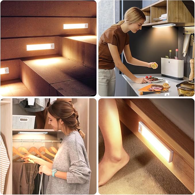 6 Pack Under Cabinet Lighting Wireless, 32 LED Rechargeable Battery Motion Sensor Light Indoor, Stick On Magnetic Closet Lights, Under Counter Lights for Kitchen, Stairs, Warm 8 in