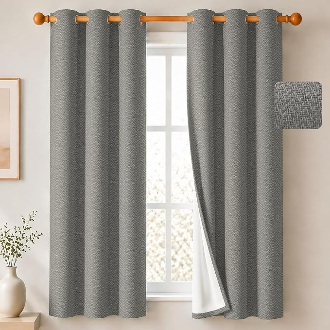 2 Panels 100% Blackout Linen-Textured Curtains, Thick Thermal Insulated Grommet Drapes with Subtle Herringbone Weave, Luxury Decor for Bedroom/Living Room, 37 x 63 Inches, Grey