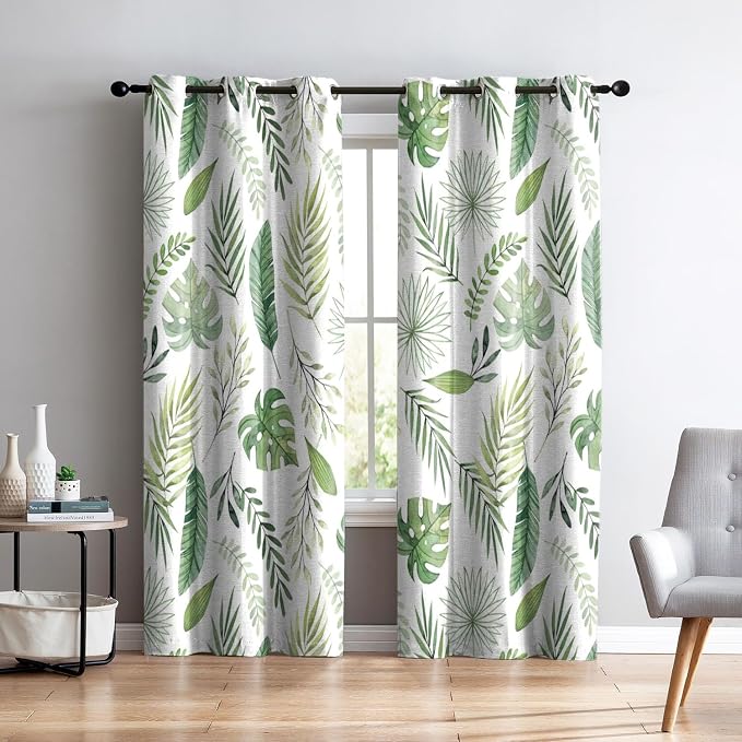 Renaiss Green Leaf Blackout Curtains, Tropical Safari Plants Patterned Thermal Insulated Bedroom Window Curtains, Eucalyptus Botanical Window Drapes for Living Room, 84" L x 42" W 2 Panel Set