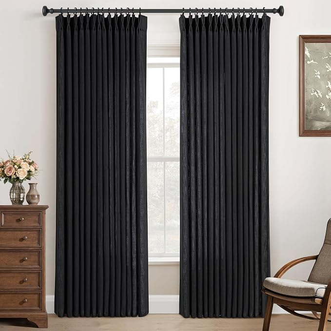 Pinch Pleated Black Curtains 108 inches Long 2 Panels for Living Room Textured Semi Sheer Pinch Pleat Linen Drapes 108 Inch Length with Hooks Rings Black Sliding Door Curtain Light Filtering 9 ft