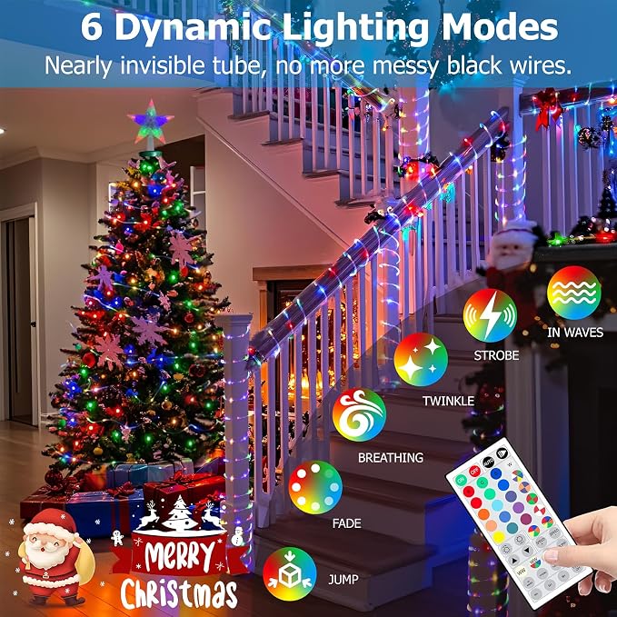 50ft Outdoor LED Rope Lights, IP68 Waterproof 25 Color Changing String Lights, Red White Blue for 4th of July Patriotic Decorations, Warm White & RGB Twinkle Fairy Light for Christmas Indoor Outside