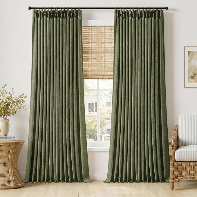 MIULEE Olive Green Pinch Pleated Thick Linen Curtains 102 Inches Long 2 Panels for Living Room Bedroom, Linen Texture Drapes Memory Trained Semi Sheer Moss Green Window Curtains with Hooks&Rings