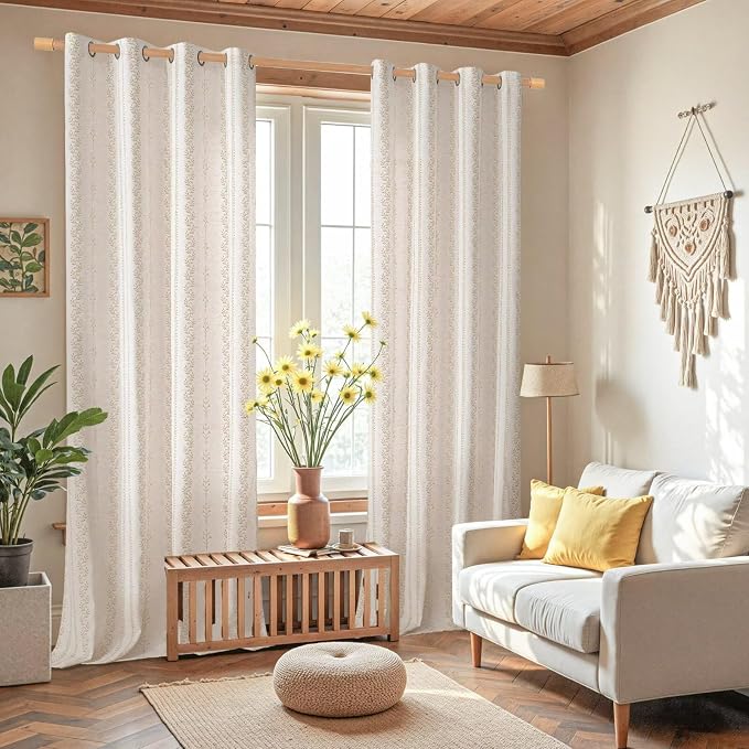 BGment Boho Curtains Leaf Floral Print Cottage Core Botanical Curtains for Living Room Light Filtering Curtain 96 Inch Long for Farmhouse Rustic, Each 52 Inch Wide, 2 Panels Set, Sand