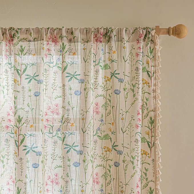 Deeprove Boho Curtains 63 Inches Length 2 Panels with Handmade Cream Tassel, Herbs Florals Print Textured Window Drapes for Living Room Bedroom Farmhouse Cottage Shabby Style Privacy, 52W x 63L