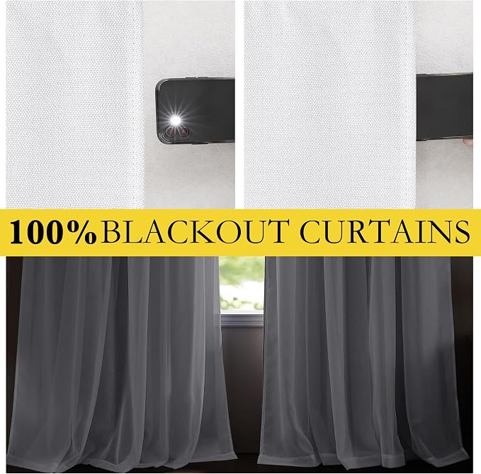 NICETOWN Double Layer Lined Curtains with Sheer Overly, Farmhouse Style Linen Blend Light Filtering Room Darkening Curtains for Kids Room, Bedroom Curtains (2 Panels, W52 x L84, Greyish White)