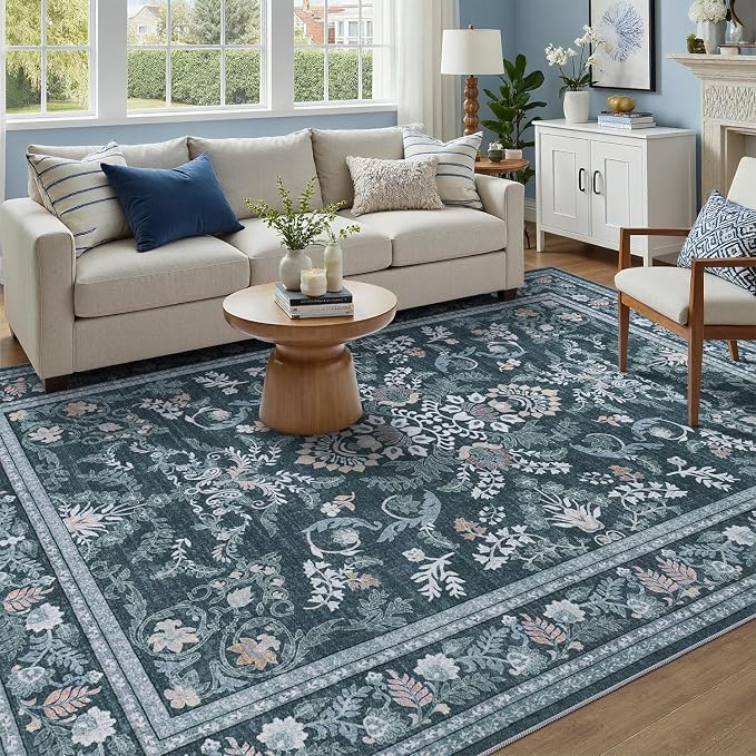 DCX Navy Blue 6x9 Area Rug, Machine Washable Non Slip Stain Resistant Soft Vintage Floral Rug, for Living Room, Bedroom, Dining Room, Soft Low Pile Large Carpet