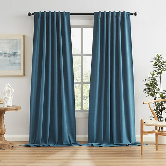 KEQIAOSUOCAI Extra Long 132 Inch Linen Blackout Curtains 2 Panels, Rod Pocket/Back Tab/Hook Belt Full Light Blocking Tall Curtains for Track System Sliding Glass Door, 50 Wide 11 FT, Blue Denim