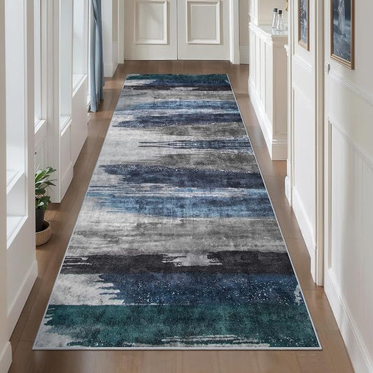 Ciicool 2'6"x10' Washable Runner Rug, Modern Abstract Hallway Rugs Runner, Non-Slip Thin Accent Rug Lightweight Navy Grey Print Distressed Carpet for Laundry Entryway Bedroom Kitchen Indoor