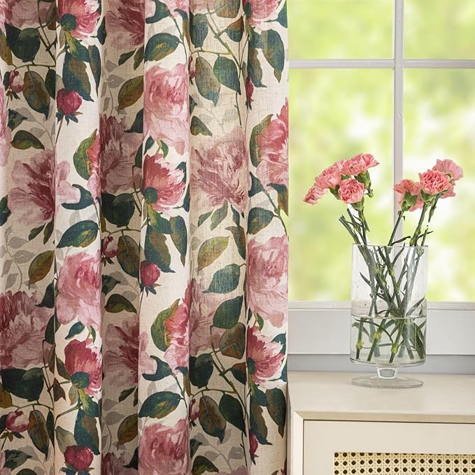 ALIGOGO Pink Floral Curtains for Living Room 63 Inch Length, Linen Flower Printed Pattern Shabby Chic Pink Curtains, Light Filtering Short Coquette Floral Drapes for Bedroom, 2 Panels 50" W x 63" L
