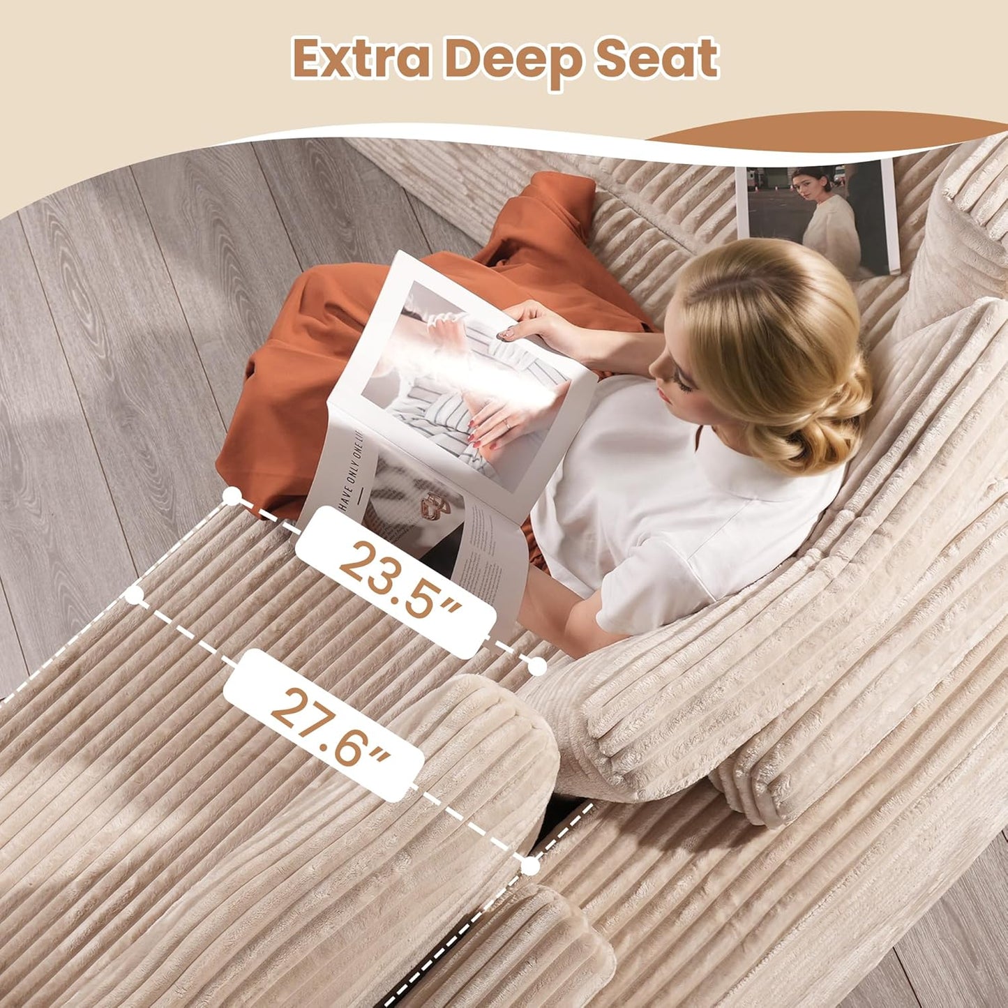 HOOOWOOO Cloud Sectional Couches for Living Room,Modular Sectional Sofa No Assembly,133X70 Inch Plush Corduroy Large U Shaped Floor Couch Set with Deep Seat Chaise Lounge(Beige)