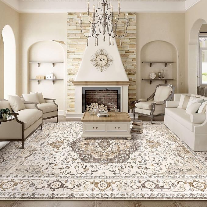 12x18 Area Rugs for Living Room - Large Carpet Ultra Thin Soft Washable Oriental Vintage Floral Distressed Big Indoor Carpets for Bedroom Nursery Dorm Home Decor Aesthetic - Camel/Beige