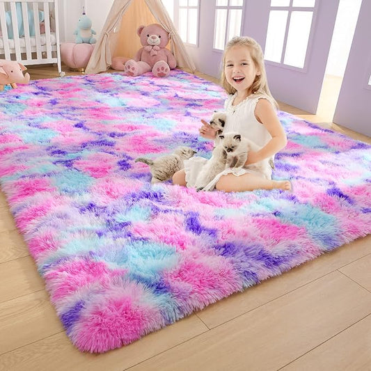 AROGAN Soft Rainbow Area Rugs for Girls Room 6x9 Feet, Fluffy Girls Bedroom Rugs, Princess Rug, Cute Colorful Carpet for Kids Teens Nursery Toddler, Hot Pink