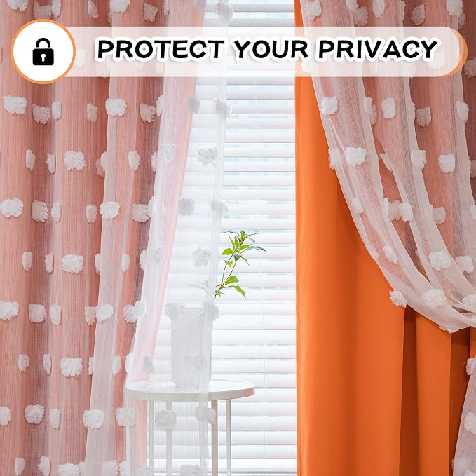 MYSKY HOME Orange Curtains 90 Inch Long for Living Room Nursery Curtains for Bedroom Double Layer Curtains White Pom Pom Sheer Curtains for Dining Room Grommet Room Darkening Window Panels 52" x 90"