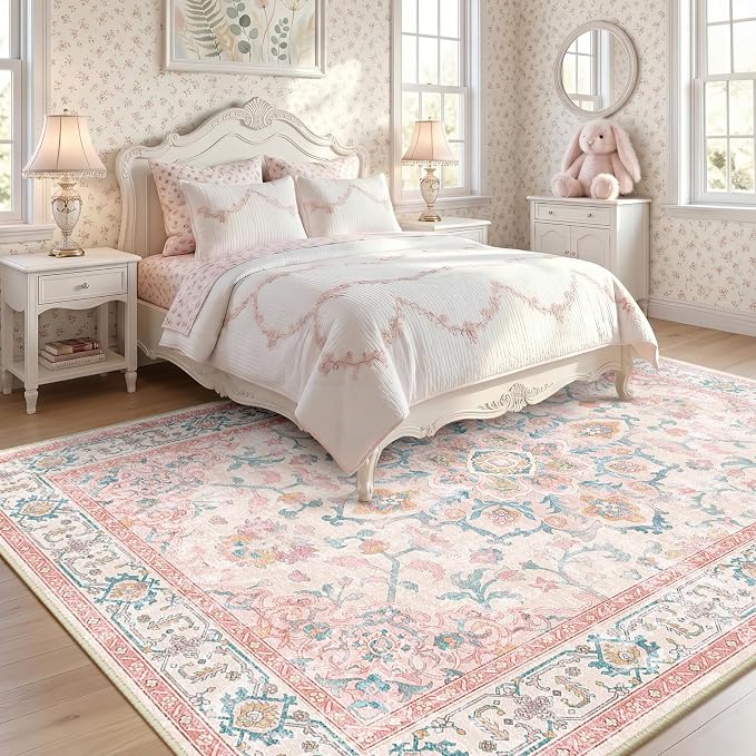 CAPALOCA Machine Washable Rugs Nursery Rug 8x10 Cute Girl Non Slip Low Pile Water Repellent Soft Print Pattern for Bedroom Indoor Decor Kids Playroom Pink Teal
