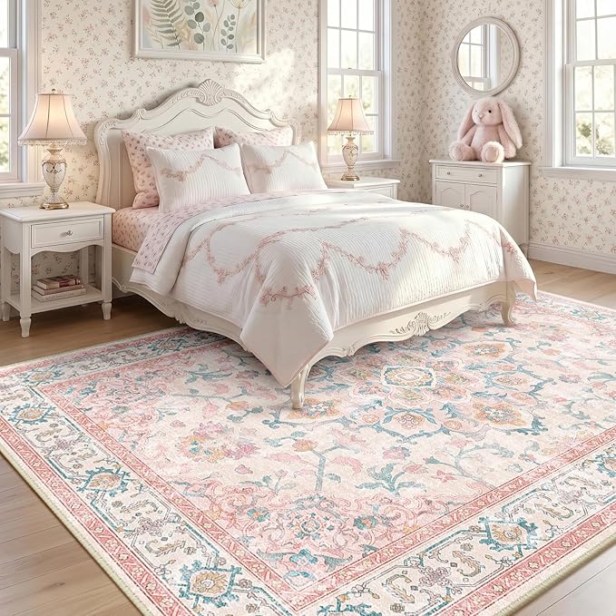 CAPALOCA Machine Washable Rugs Nursery Rug 5x8 Cute Girl Non Slip Low Pile Water Repellent Soft Print Pattern for Bedroom Indoor Decor Kids Playroom Pink Teal