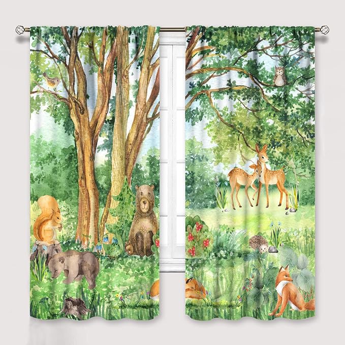 YCness Forest Animal Curtains, Watercolor Wild Animal Bear Fox Deer Kids Window Treatments for Living Room Bedroom,Green Woodland Tree Kids Drapes 2 Panel Sets,84x84 Inch, Style-1