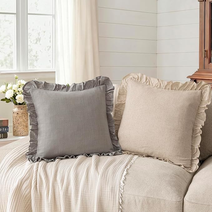 Foindtower Set of 2 Decorative Linen Fringe Ruffle Throw Pillow Covers Soft Boho Farmhouse Cushion Cover Cozy Accent Retro Pillowcase for Couch Sofa Bed Living Room Home Decor,18×18 Inch,Taupe Gray