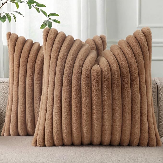 Pallene Faux Fur Plush Throw Pillow Covers 16x16 Set of 2, Luxury Soft Fluffy Striped Decorative Pillow Covers for Sofa, Couch, Living Room, Brown