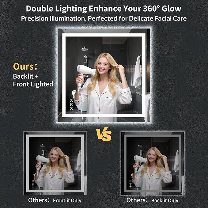 47"x47" LED Bathroom Mirror with Lights, Backlit + Front Lit with CRI>90, Lighted Mirror for Bathroom, Anti-Fog, Dimmable Brightness, 3 Colors, Memory Function, Shatterproof Tempered Glass